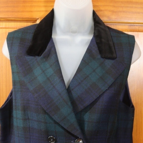 Collectible Gold by Giorgio Sant’Angelo Green Plaid Wool Vest Velvet Trim M - Picture 3 of 10